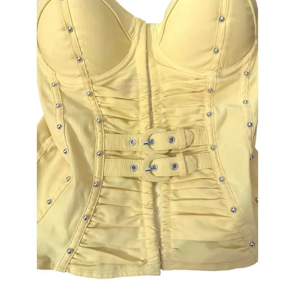 Entry Y2K Studded Corset Bustier Top Yellow Ruched Buckle Cami Medium McBling